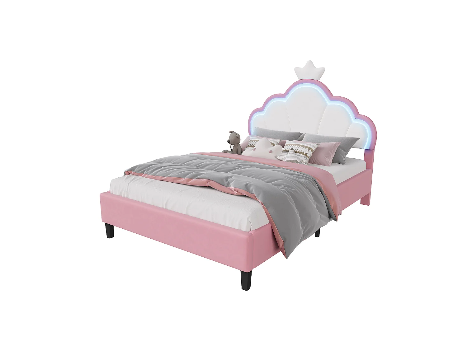 Lit enfant 140x190 cm Rose avec tête de lit couronne rembourrée, éclairage LED et sommier – Lit une place design princesse