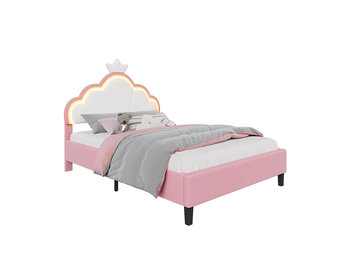 Lit enfant 140x190 cm Rose avec tête de lit couronne rembourrée, éclairage LED et sommier – Lit une place design princesse