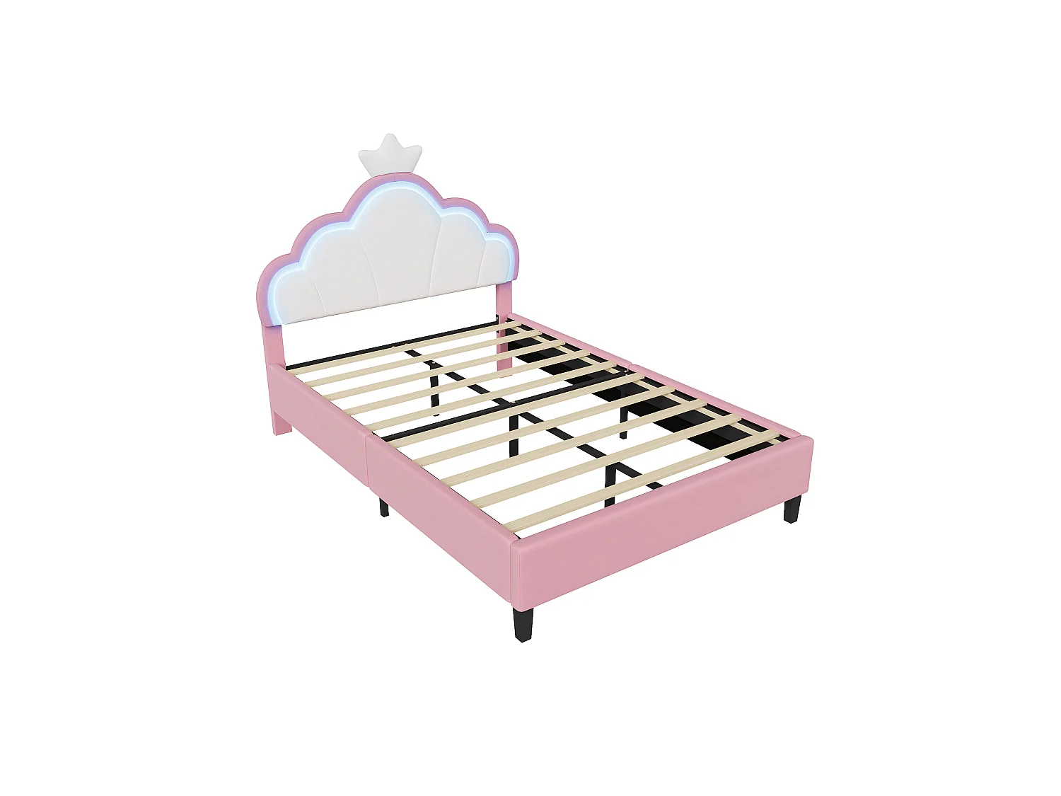Lit enfant 140x190 cm Rose avec tête de lit couronne rembourrée, éclairage LED et sommier – Lit une place design princesse