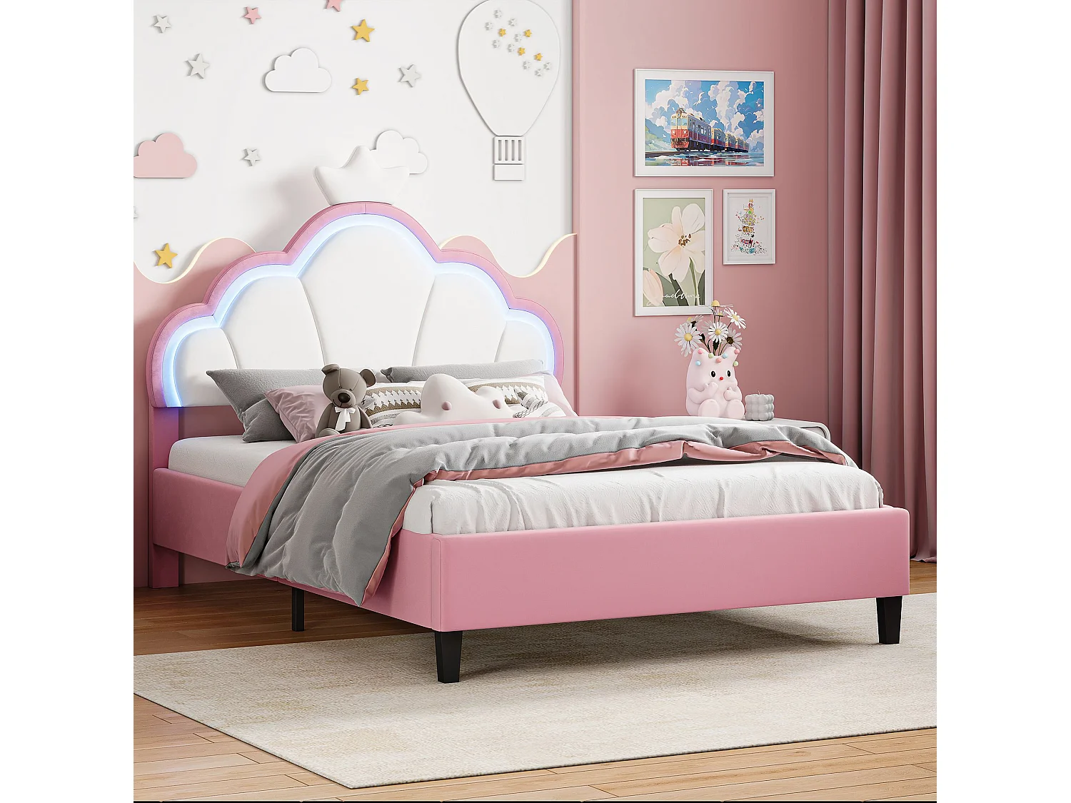 Lit enfant 140x190 cm Rose avec tête de lit couronne rembourrée, éclairage LED et sommier – Lit une place design princesse