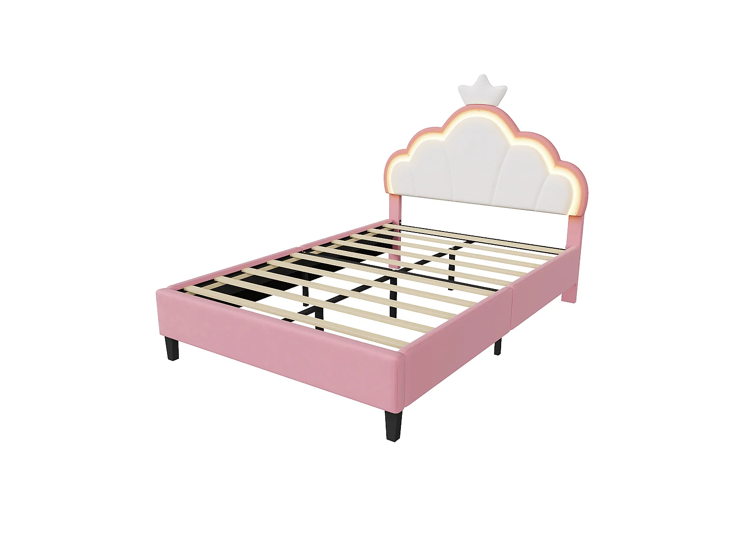 Lit enfant 140x190 cm Rose avec tête de lit couronne rembourrée, éclairage LED et sommier – Lit une place design princesse