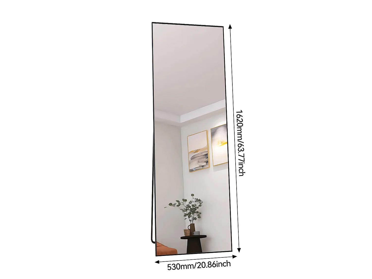 Miroir sur Pied 162x53 cm avec Cadre Aluminium Noir, Grand Miroir Plein Pied Design pour Chambre Dressing