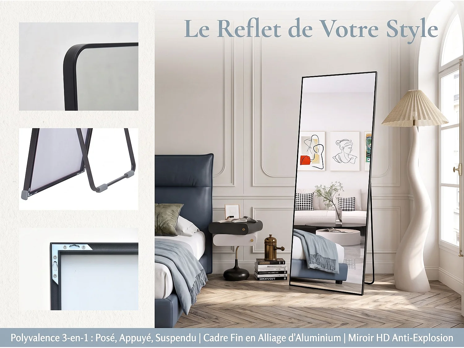Miroir sur Pied 162x53 cm avec Cadre Aluminium Noir, Grand Miroir Plein Pied Design pour Chambre Dressing