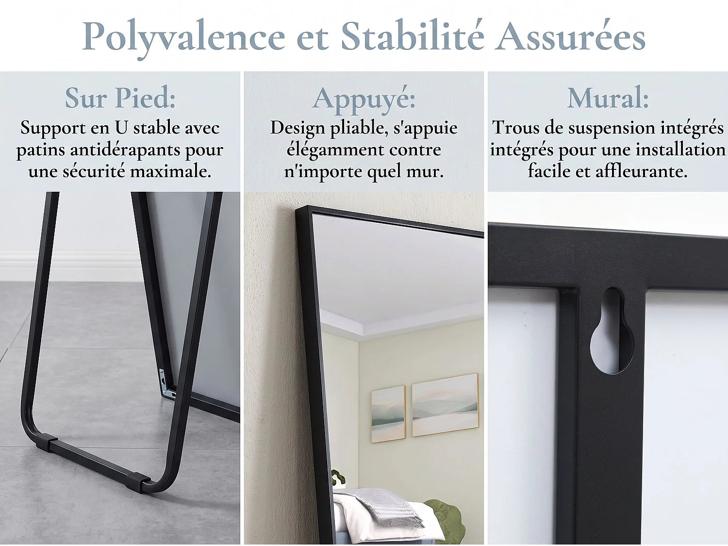 Miroir sur Pied 162x53 cm avec Cadre Aluminium Noir, Grand Miroir Plein Pied Design pour Chambre Dressing