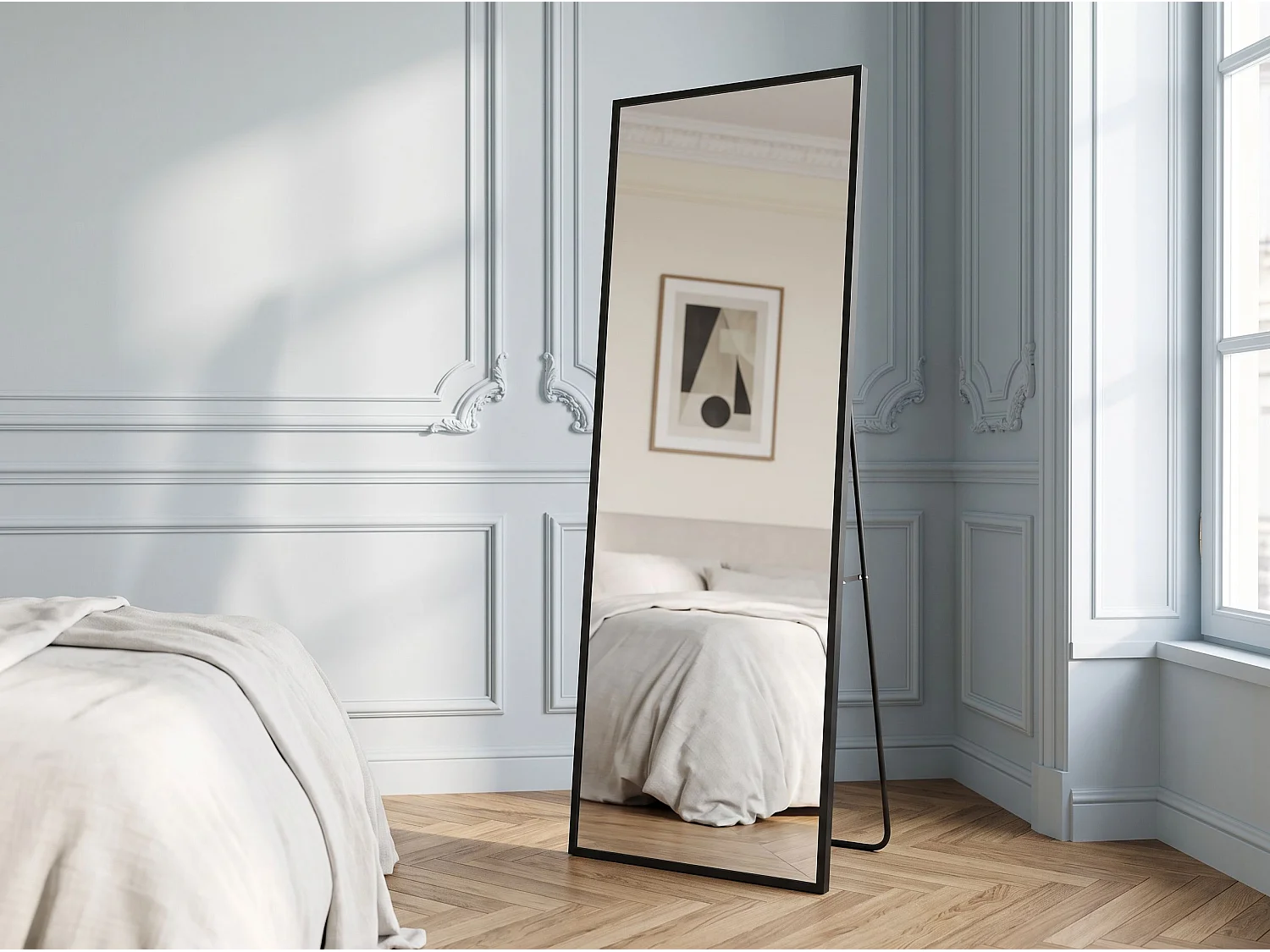Miroir sur Pied 162x53 cm avec Cadre Aluminium Noir, Grand Miroir Plein Pied Design pour Chambre Dressing