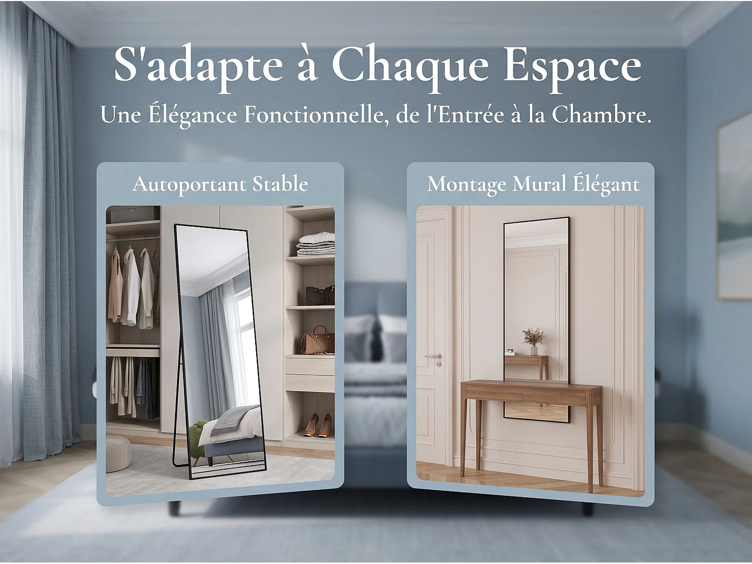 Miroir sur Pied 162x53 cm avec Cadre Aluminium Noir, Grand Miroir Plein Pied Design pour Chambre Dressing