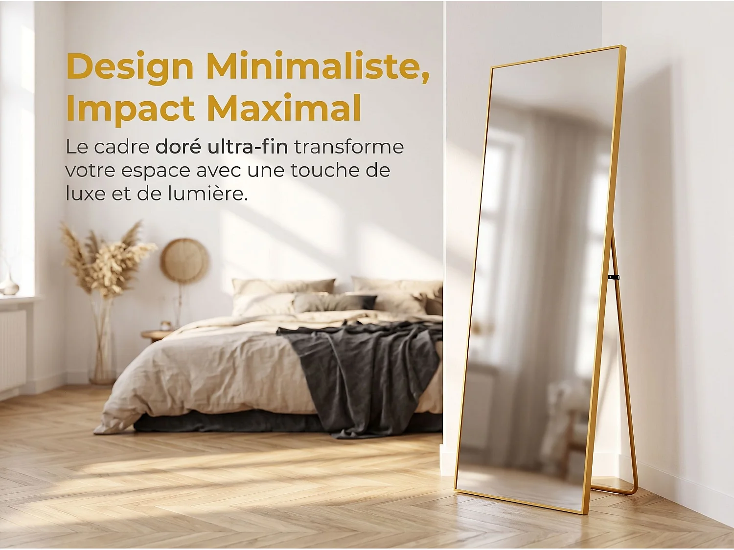 Miroir sur Pied 162x53 cm avec Cadre Aluminium Doré, Grand Miroir Plein Pied Design pour Chambre Dressing