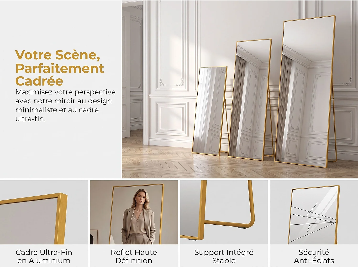 Miroir sur Pied 162x53 cm avec Cadre Aluminium Doré, Grand Miroir Plein Pied Design pour Chambre Dressing