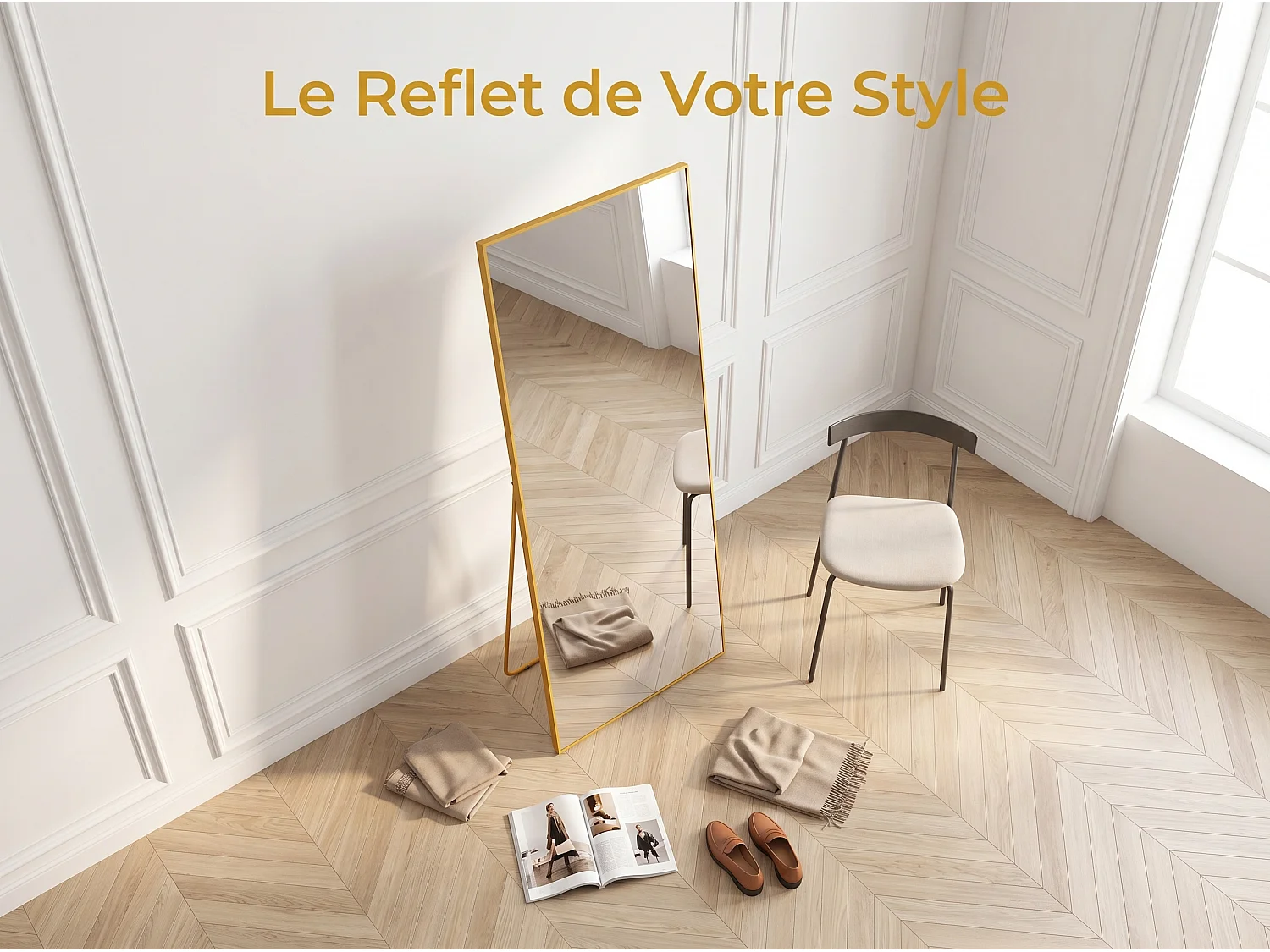 Miroir sur Pied 162x53 cm avec Cadre Aluminium Doré, Grand Miroir Plein Pied Design pour Chambre Dressing