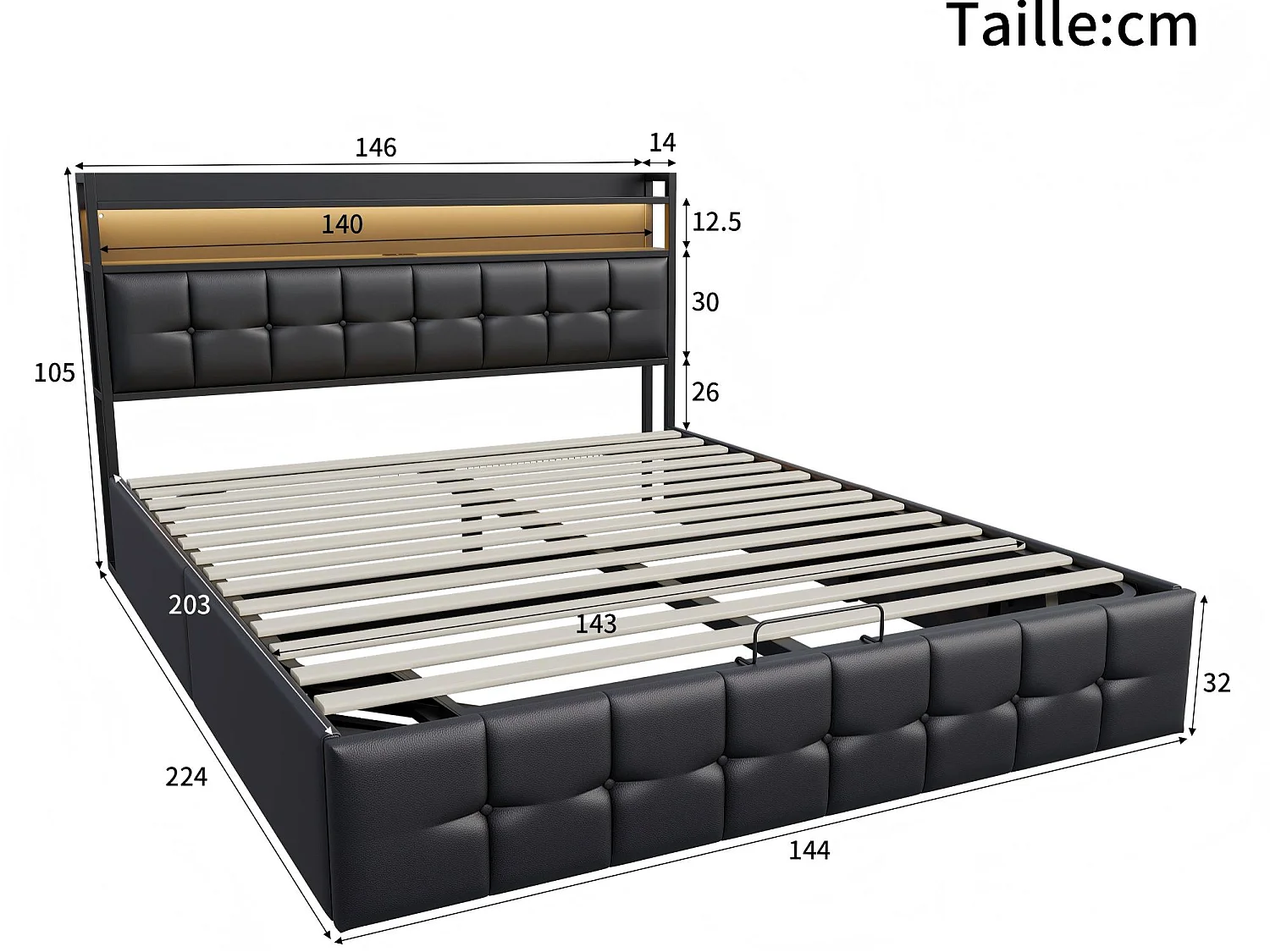 Lit coffre 140x200 cm avec tête de lit capitonnée, rangement spacieux, éclairage LED, ports USB, sommier inclus,  Noir