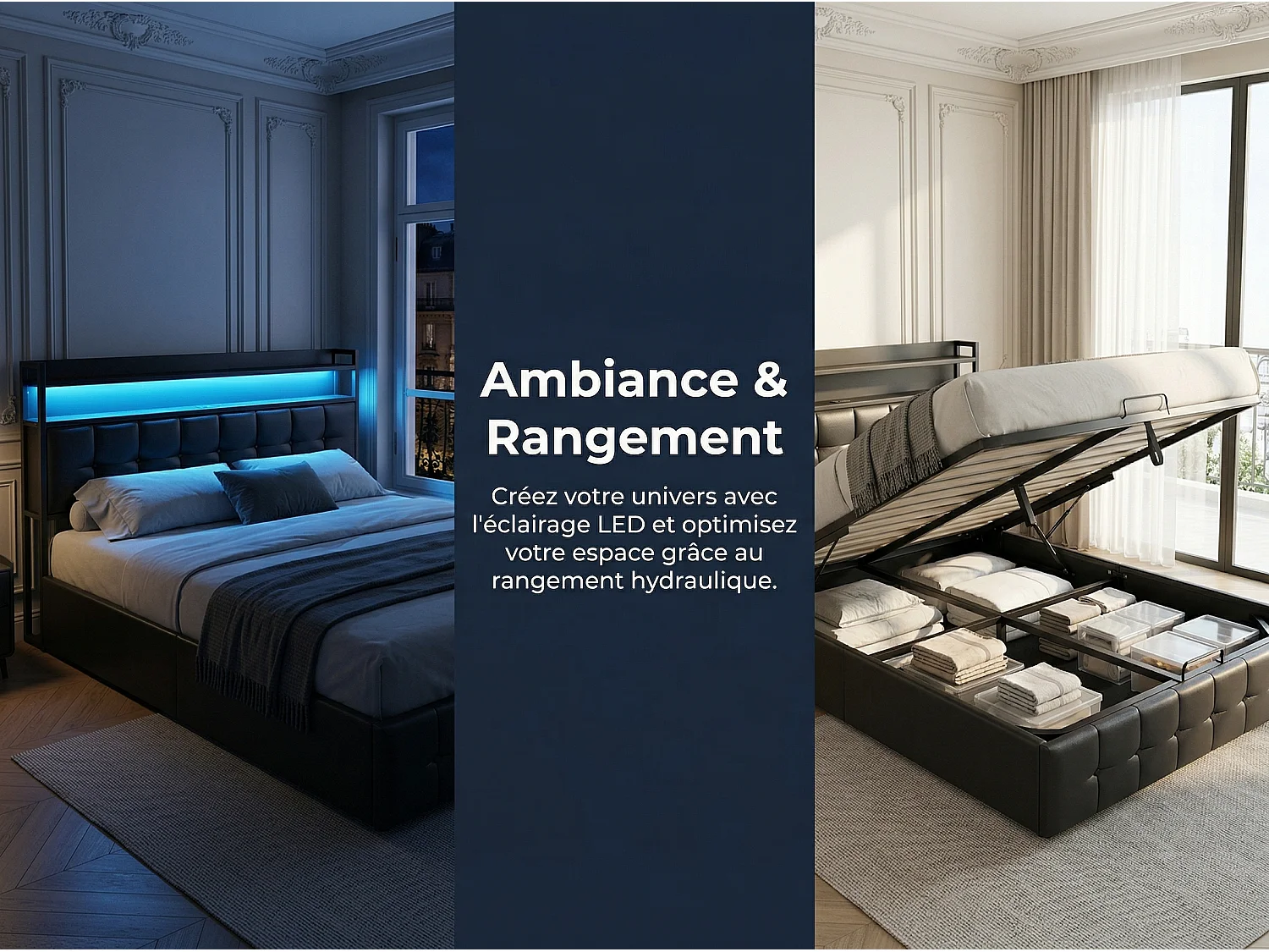 Lit coffre 140x200 cm avec tête de lit capitonnée, rangement spacieux, éclairage LED, ports USB, sommier inclus,  Noir