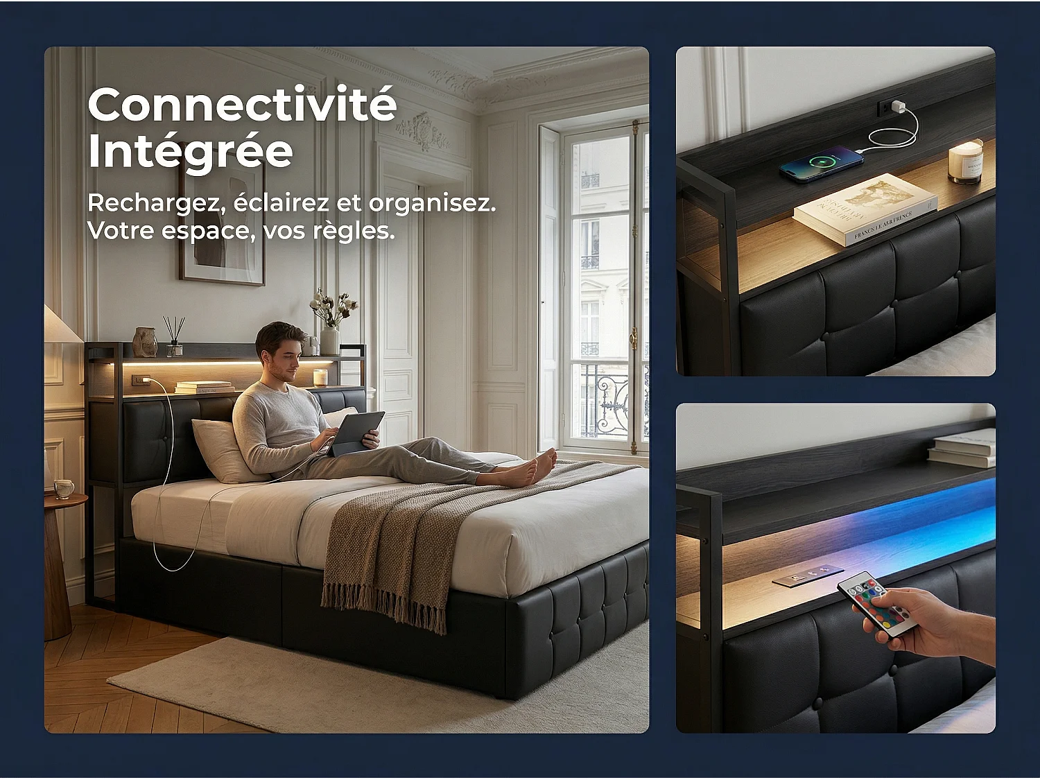 Lit coffre 140x200 cm avec tête de lit capitonnée, rangement spacieux, éclairage LED, ports USB, sommier inclus,  Noir