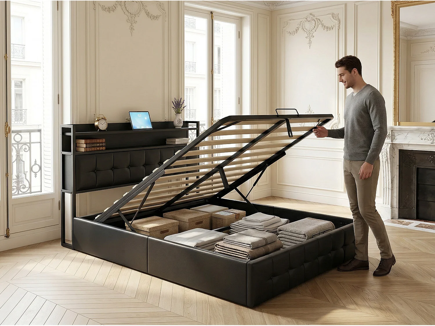 Lit coffre 140x200 cm avec tête de lit capitonnée, rangement spacieux, éclairage LED, ports USB, sommier inclus,  Noir