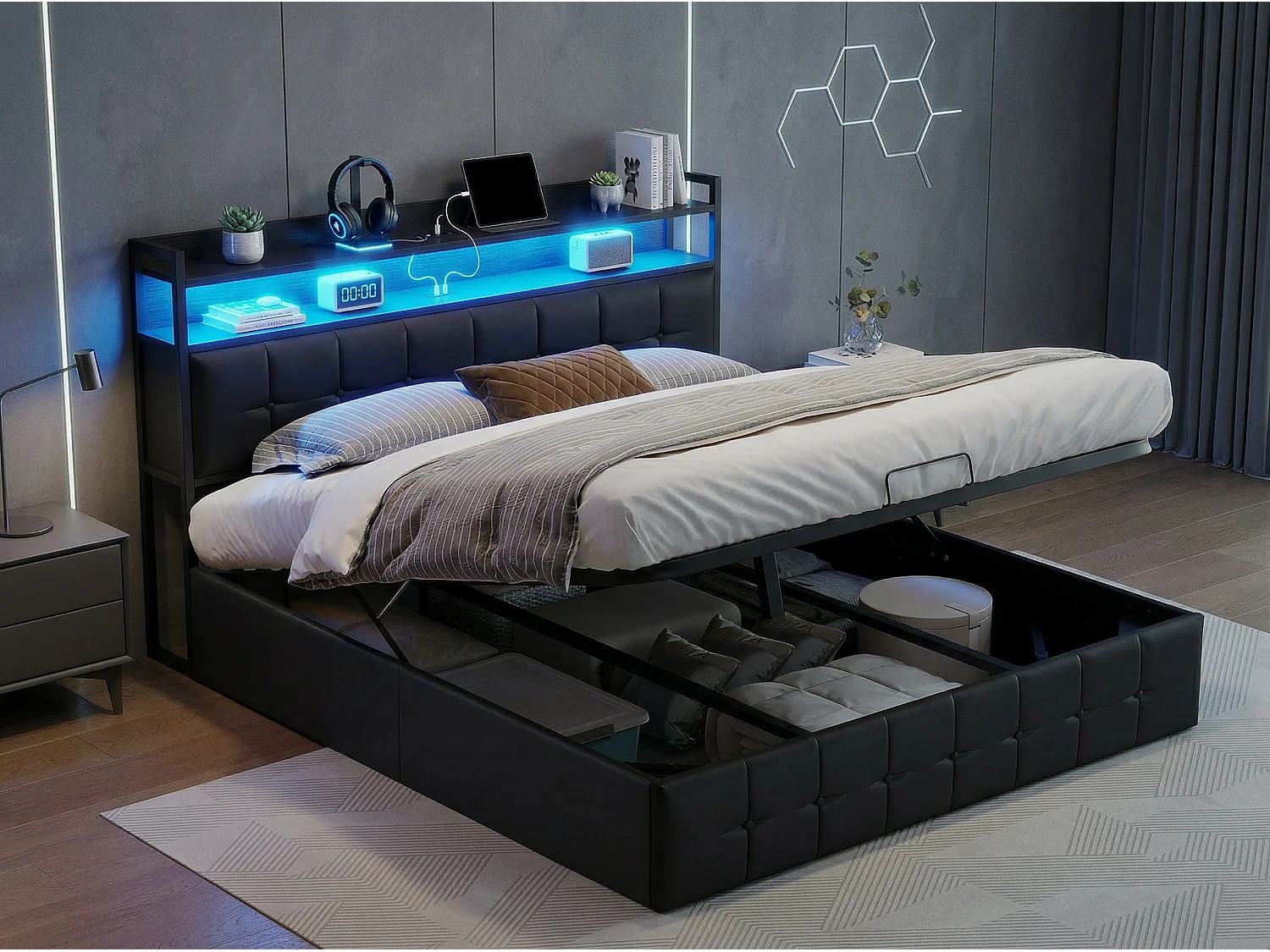 Lit coffre 140x200 cm avec tête de lit capitonnée, rangement spacieux, éclairage LED, ports USB, sommier inclus,  Noir