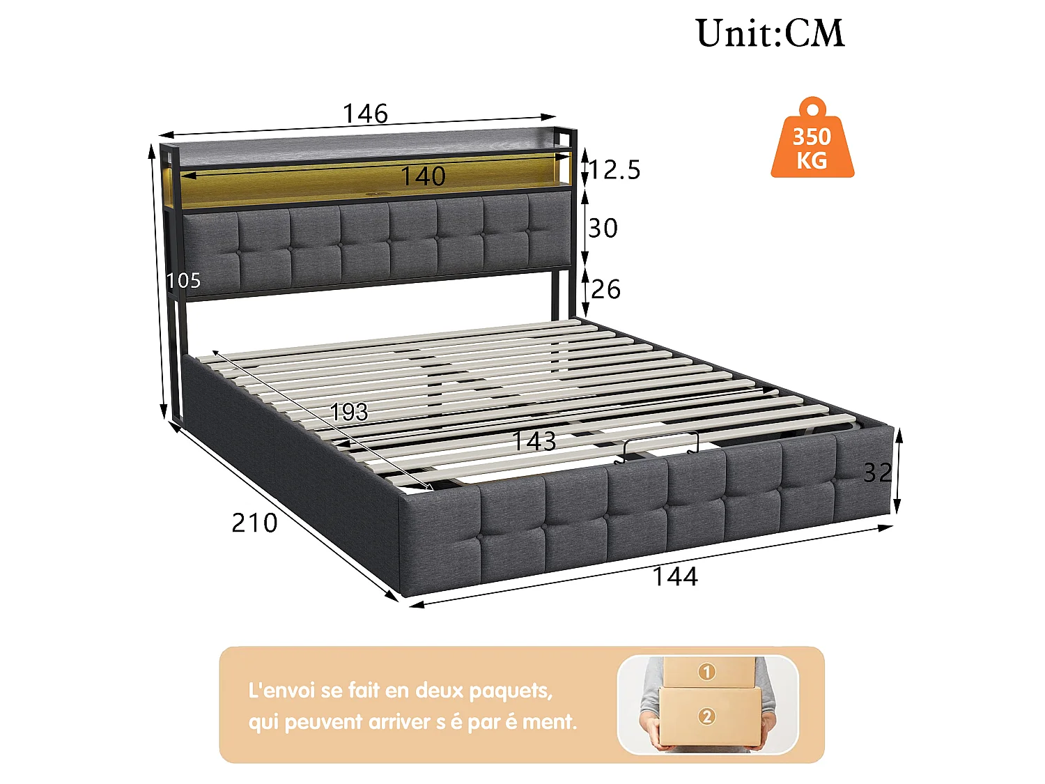 Lit coffre 140x190 cm avec tête de lit capitonnée, rangement spacieux, éclairage LED, ports USB, sommier inclus,  gris