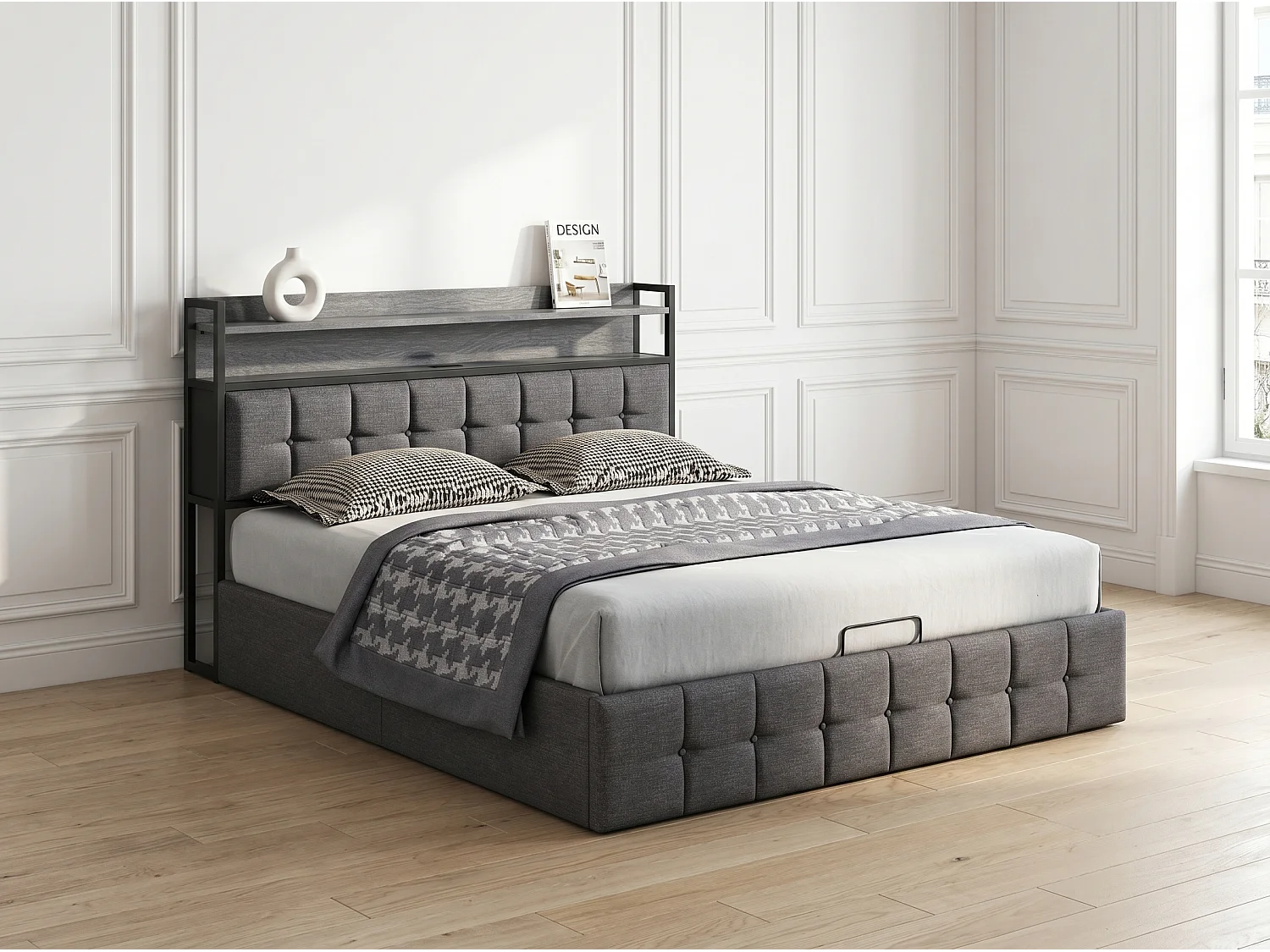 Lit coffre 140x190 cm avec tête de lit capitonnée, rangement spacieux, éclairage LED, ports USB, sommier inclus,  gris