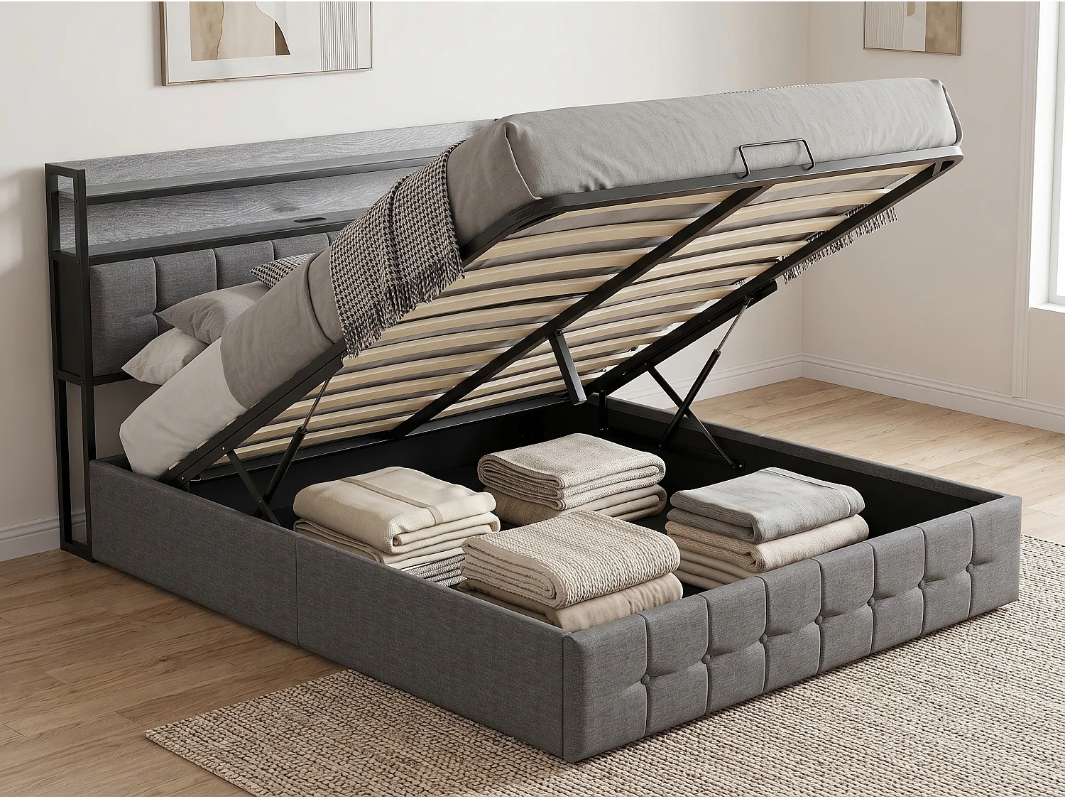 Lit coffre 140x190 cm avec tête de lit capitonnée, rangement spacieux, éclairage LED, ports USB, sommier inclus,  gris