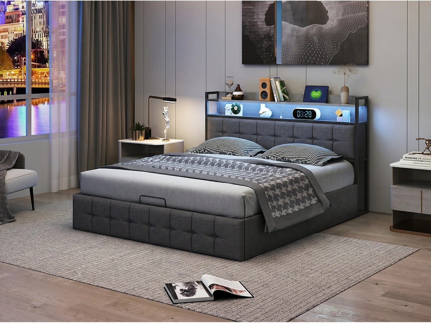 Lit coffre 140x190 cm avec tête de lit capitonnée, rangement spacieux, éclairage LED, ports USB, sommier inclus,  gris
