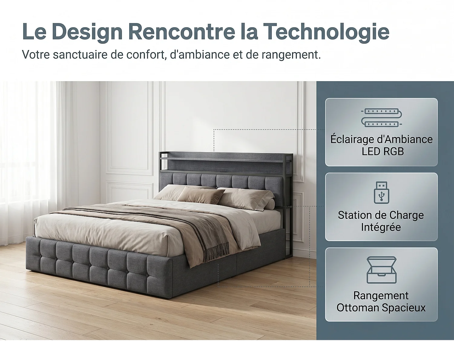 Lit coffre 140x190 cm avec tête de lit capitonnée, rangement spacieux, éclairage LED, ports USB, sommier inclus,  gris