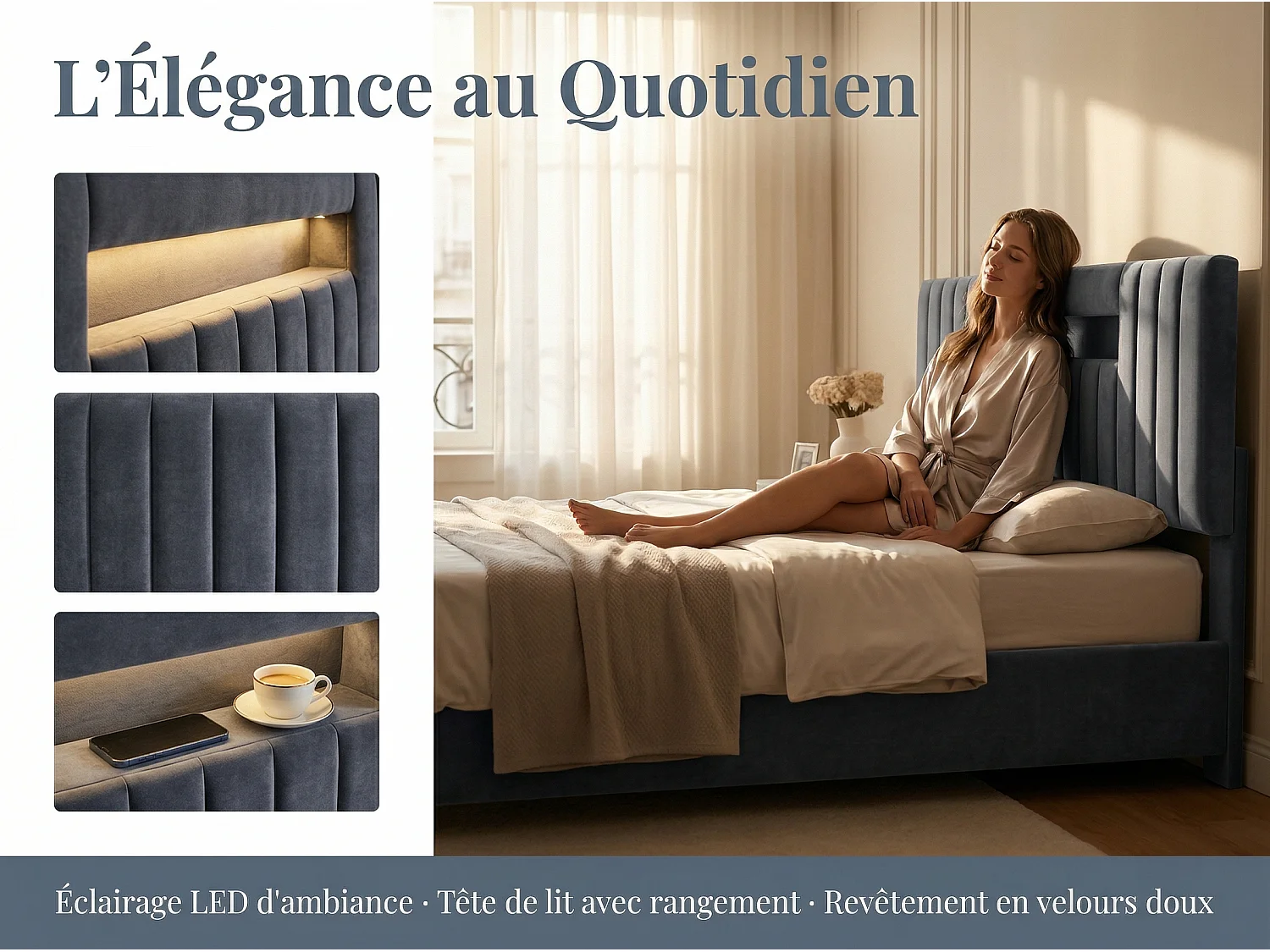 Lit coffre 140x200 cm gris, lit double avec grand rangement sous le lit, sommier à lattes inclus, tête de lit rembourrée avec LED intégrée