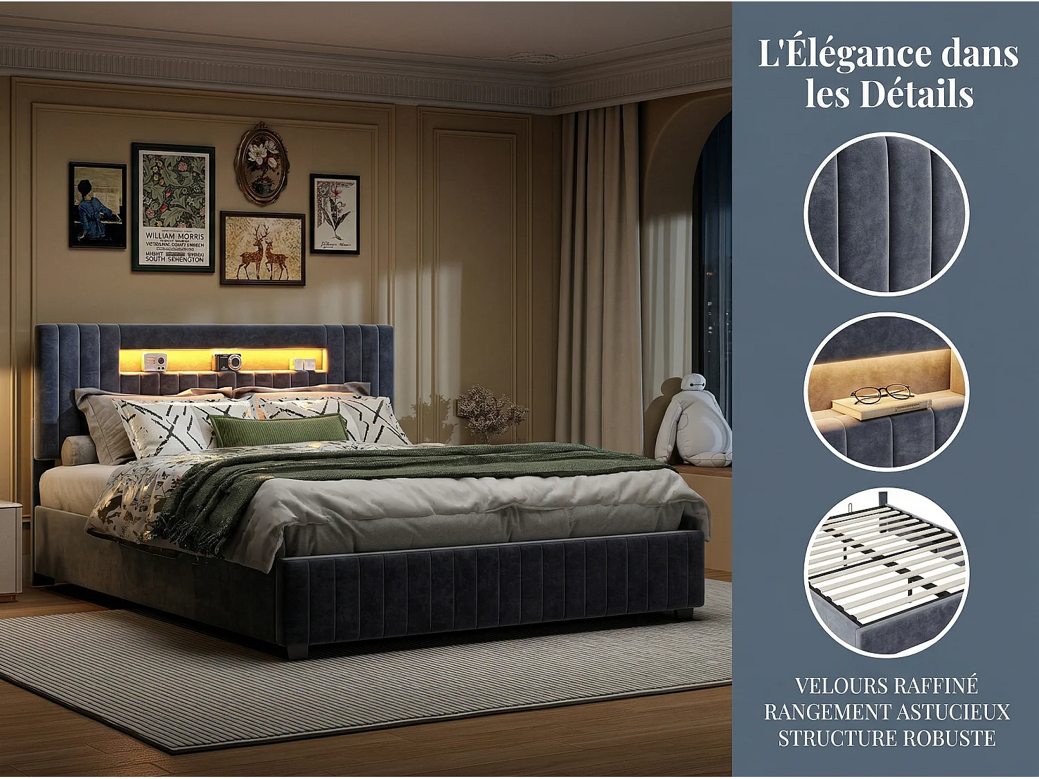 Lit coffre 140x200 cm gris, lit double avec grand rangement sous le lit, sommier à lattes inclus, tête de lit rembourrée avec LED intégrée