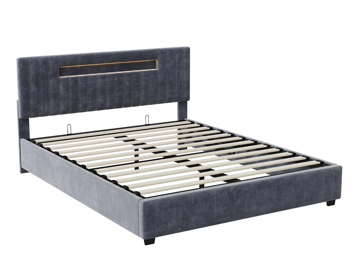 Lit coffre 140x200 cm gris, lit double avec grand rangement sous le lit, sommier à lattes inclus, tête de lit rembourrée avec LED intégrée