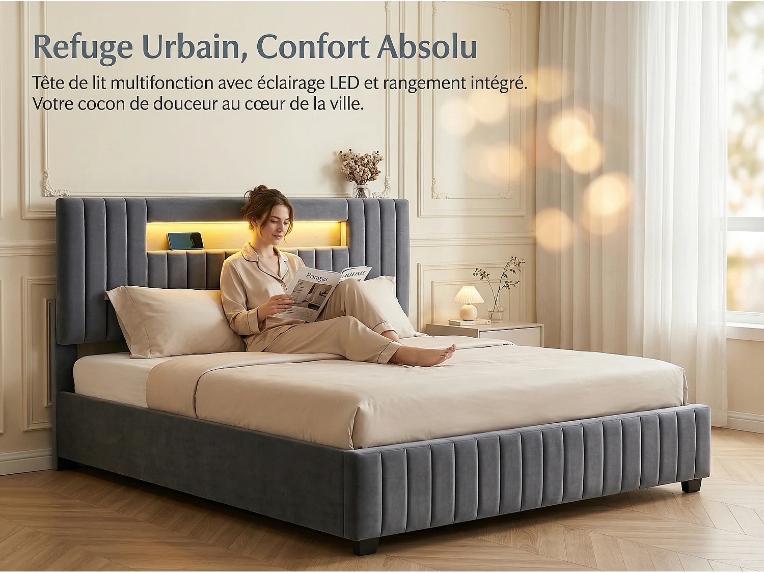 Lit coffre 140x200 cm gris, lit double avec grand rangement sous le lit, sommier à lattes inclus, tête de lit rembourrée avec LED intégrée