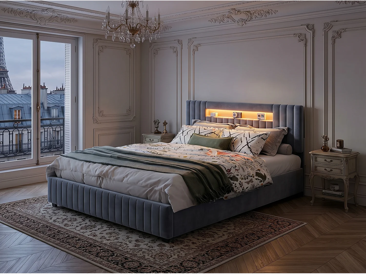 Lit coffre 140x200 cm gris, lit double avec grand rangement sous le lit, sommier à lattes inclus, tête de lit rembourrée avec LED intégrée