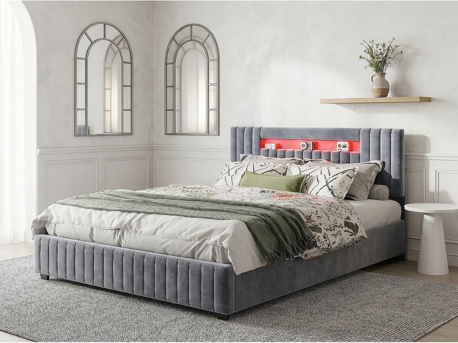 Lit coffre 140x200 cm gris, lit double avec grand rangement sous le lit, sommier à lattes inclus, tête de lit rembourrée avec LED intégrée