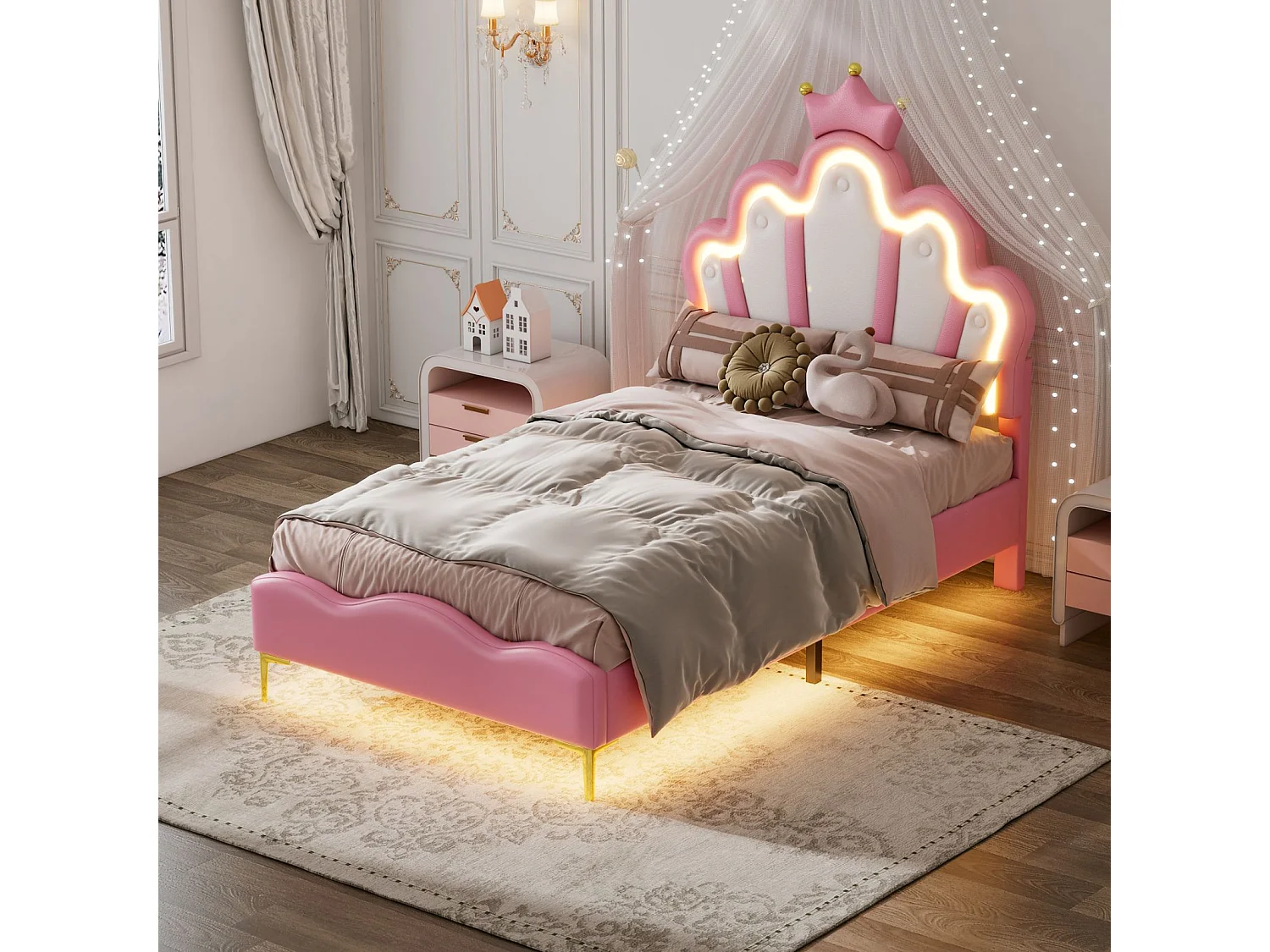 Lit enfant 90x190 cm rose avec tête de lit couronne rembourrée, éclairage LED et sommier – Lit une place design princesse