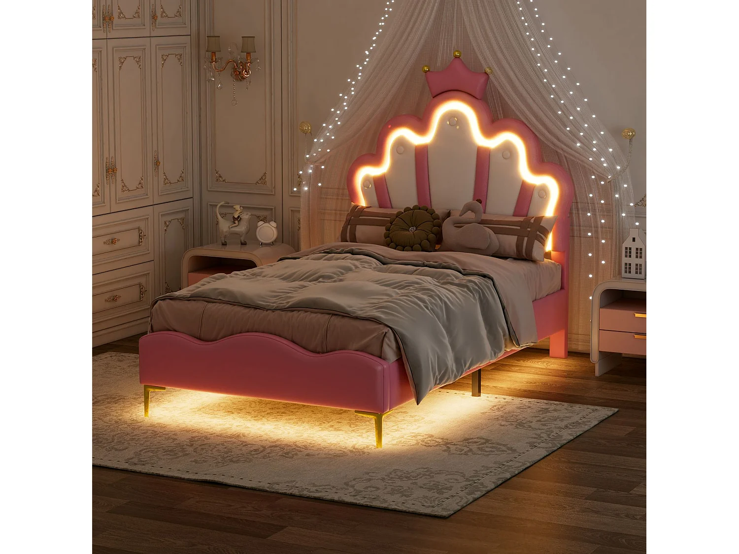 Lit enfant 90x190 cm rose avec tête de lit couronne rembourrée, éclairage LED et sommier – Lit une place design princesse