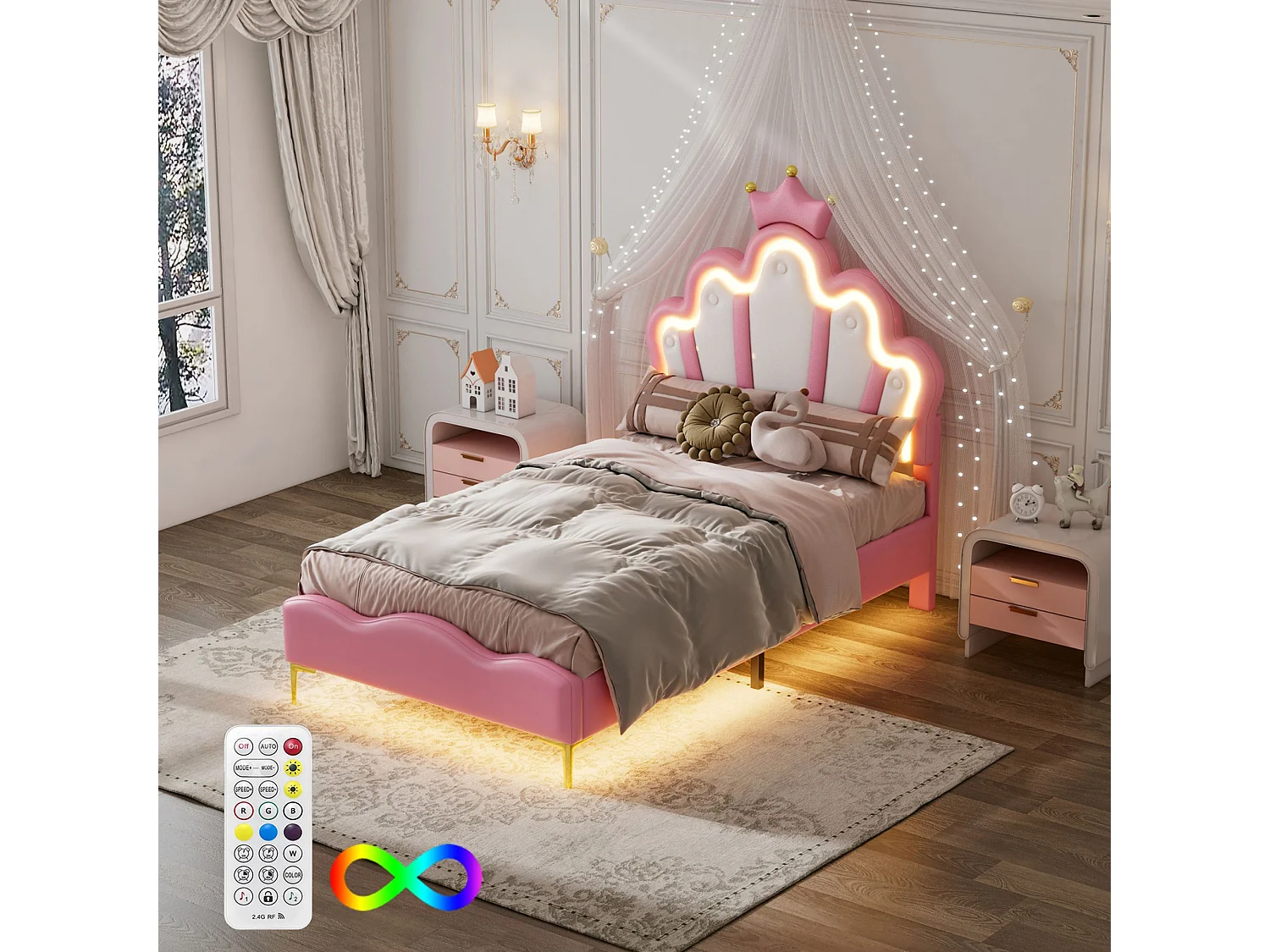 Lit enfant 90x190 cm rose avec tête de lit couronne rembourrée, éclairage LED et sommier – Lit une place design princesse