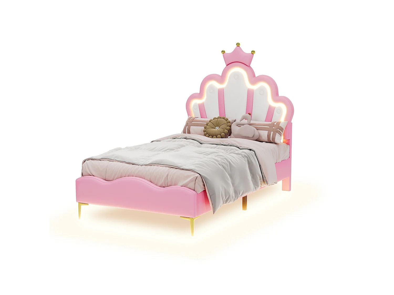 Lit enfant 90x190 cm rose avec tête de lit couronne rembourrée, éclairage LED et sommier – Lit une place design princesse