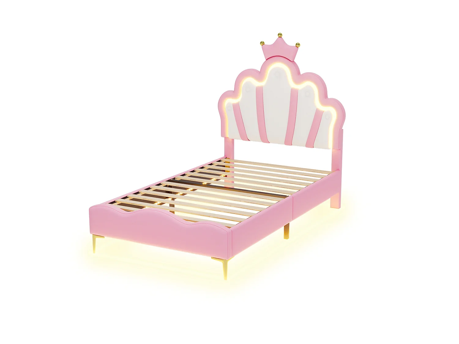Lit enfant 90x190 cm rose avec tête de lit couronne rembourrée, éclairage LED et sommier – Lit une place design princesse