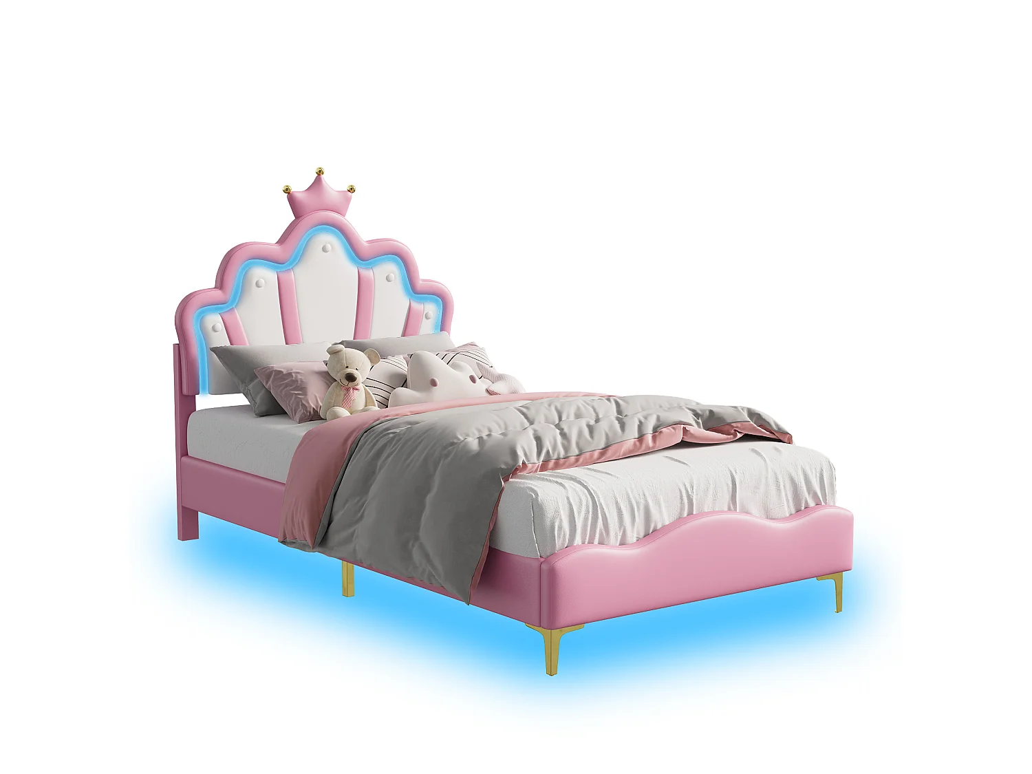 Lit enfant 90x190 cm rose avec tête de lit couronne rembourrée, éclairage LED et sommier – Lit une place design princesse