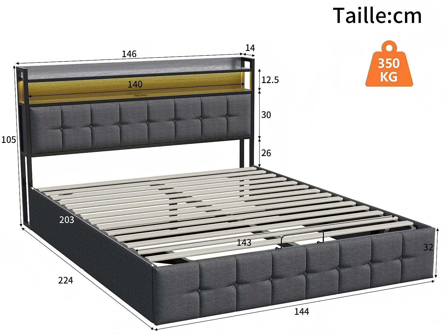 Lit coffre 140x200 cm avec tête de lit capitonnée, rangement spacieux, éclairage LED, ports USB, sommier inclus,  Noir