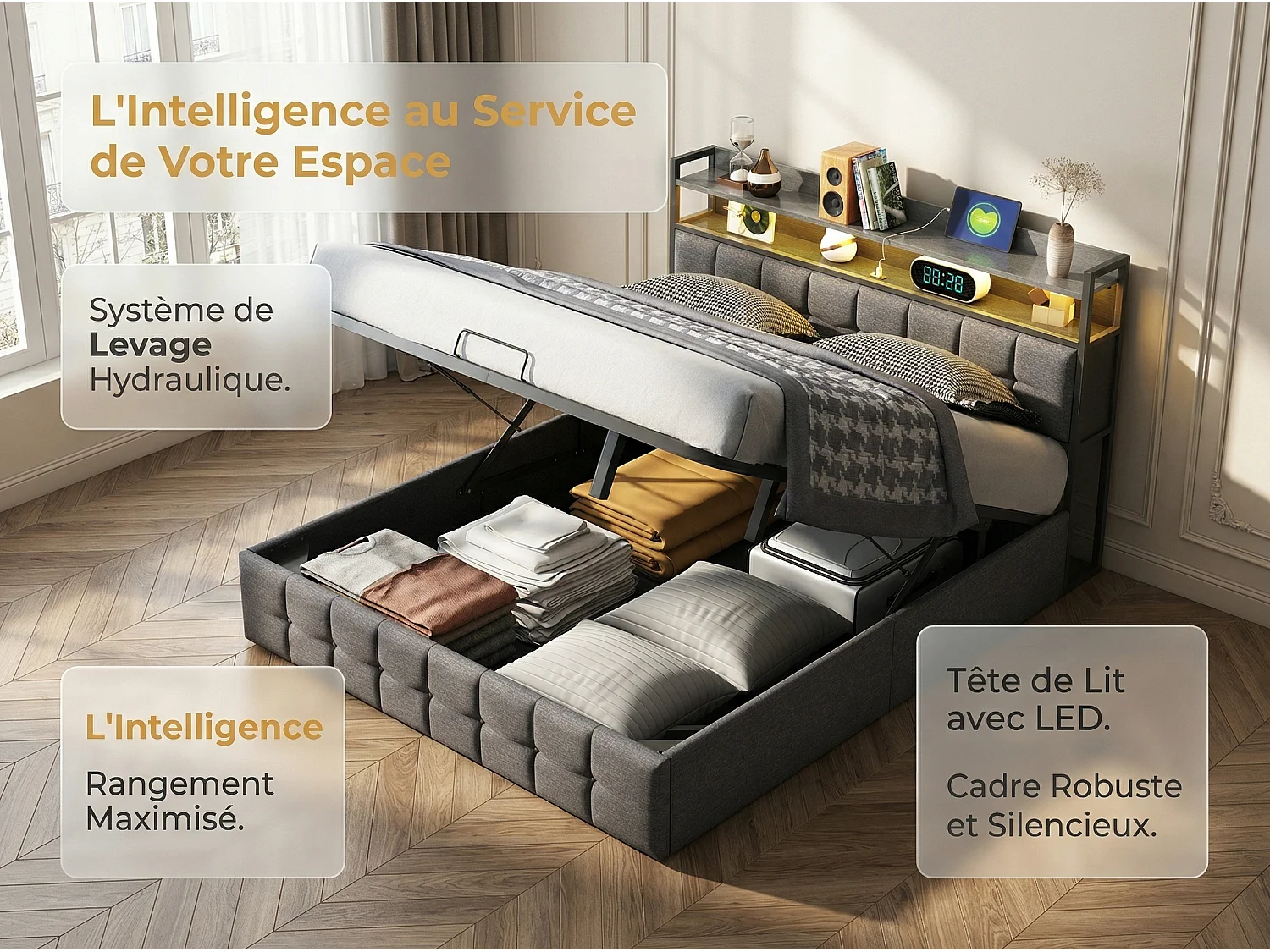 Lit coffre 140x200 cm avec tête de lit capitonnée, rangement spacieux, éclairage LED, ports USB, sommier inclus,  Noir