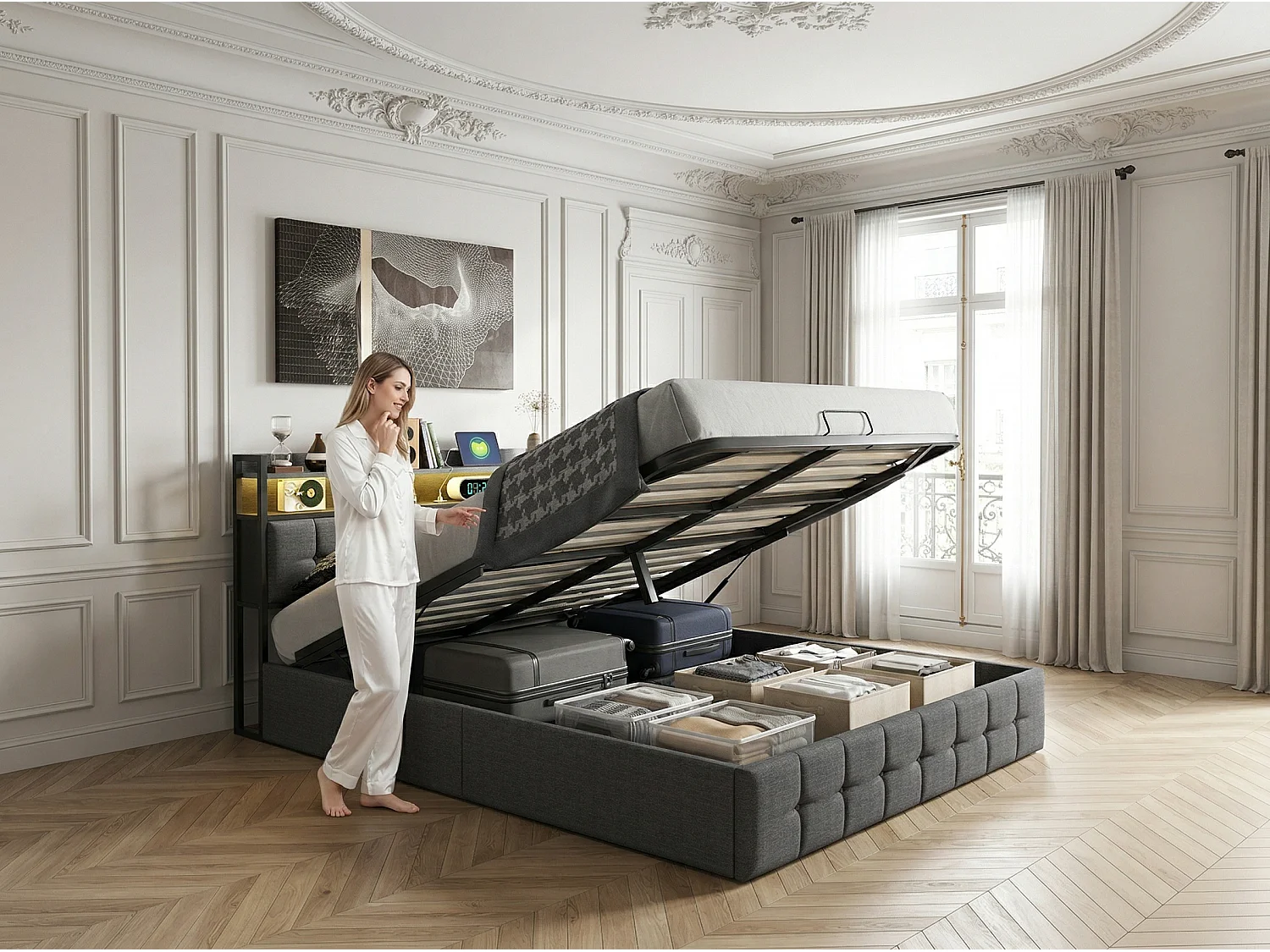 Lit coffre 140x200 cm avec tête de lit capitonnée, rangement spacieux, éclairage LED, ports USB, sommier inclus,  Noir