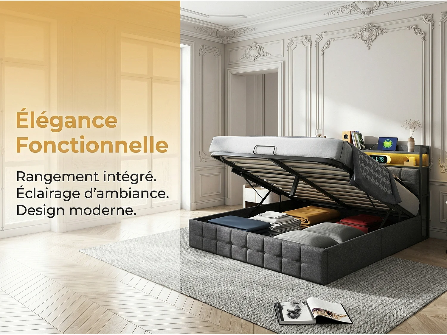Lit coffre 140x200 cm avec tête de lit capitonnée, rangement spacieux, éclairage LED, ports USB, sommier inclus,  Noir