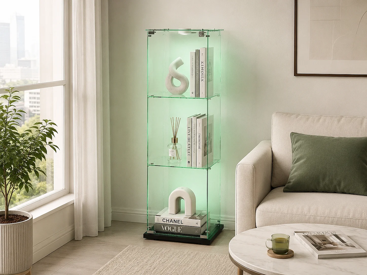 Vitrine en Verre avec LED, Armoir de Vitrine pour Collection Moderne avec 1 Portes et 3 étagères en Verre ESG, pour Le Bar, Le Salon, 123 x 40 x 35 cm, Noir