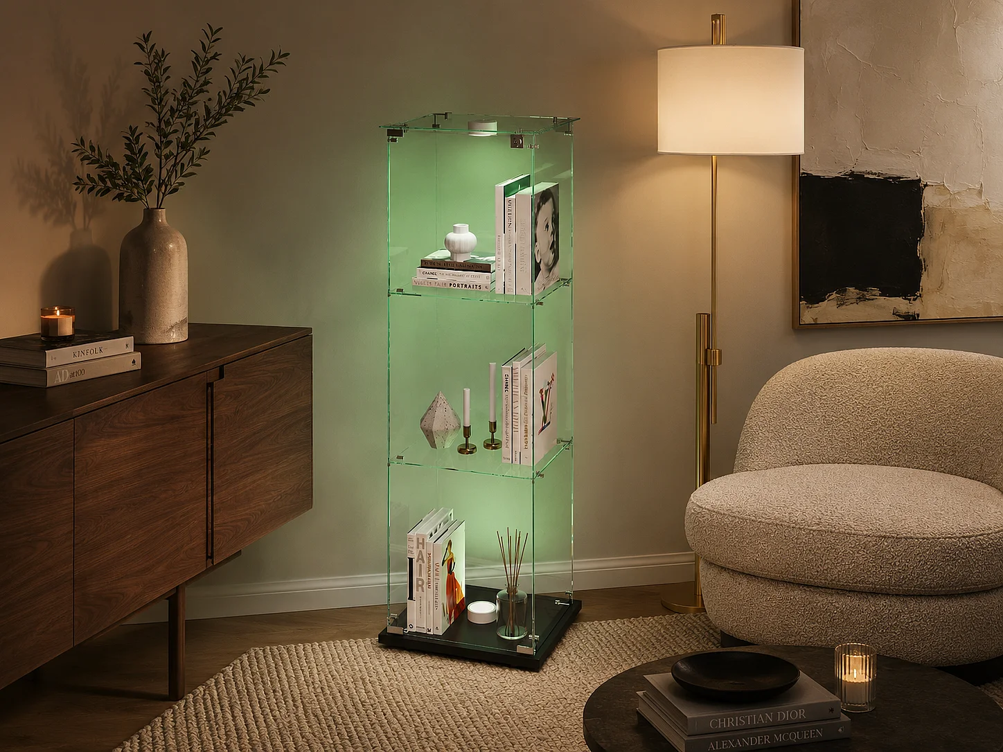 Vitrine en Verre avec LED, Armoir de Vitrine pour Collection Moderne avec 1 Portes et 3 étagères en Verre ESG, pour Le Bar, Le Salon, 123 x 40 x 35 cm, Noir
