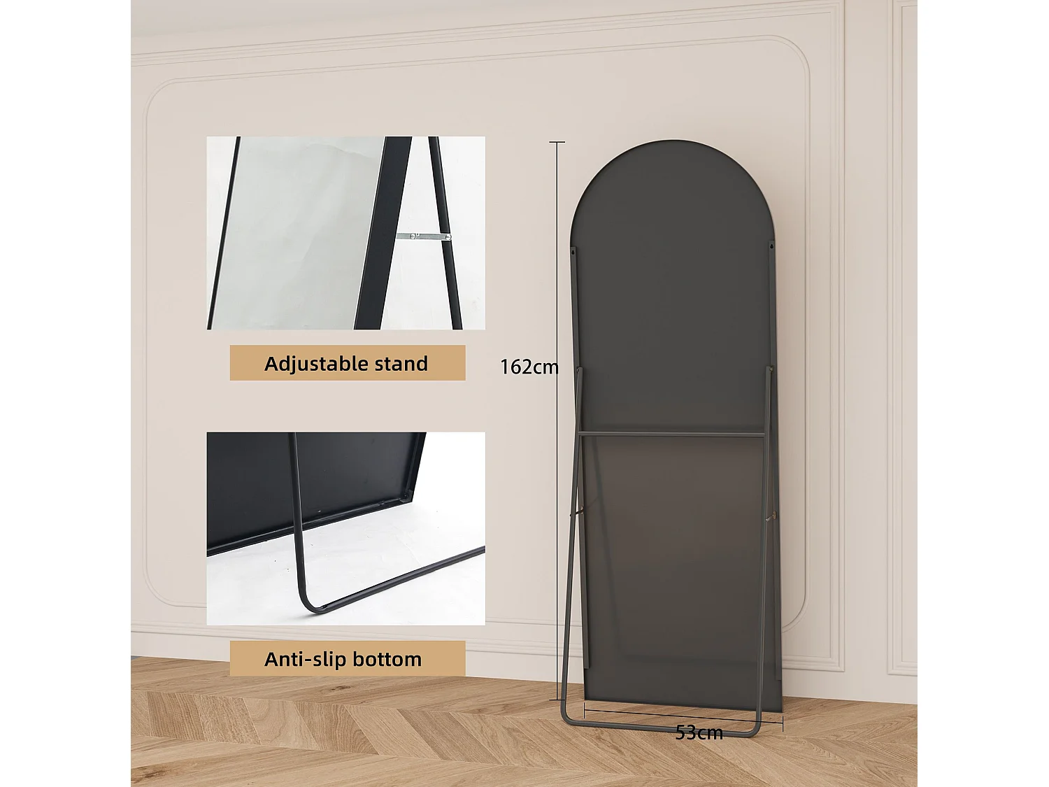 Miroir sur pied incurvé 162 x 53 cm - cadre en alliage d'aluminium - verre trempé - grand format - Noir