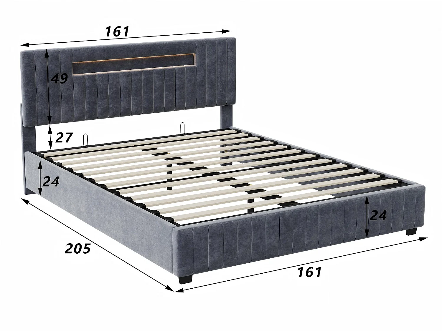 Lit coffre 160x200 cm gris, lit double avec grand rangement sous le lit, sommier à lattes inclus, tête de lit rembourrée avec LED intégrée
