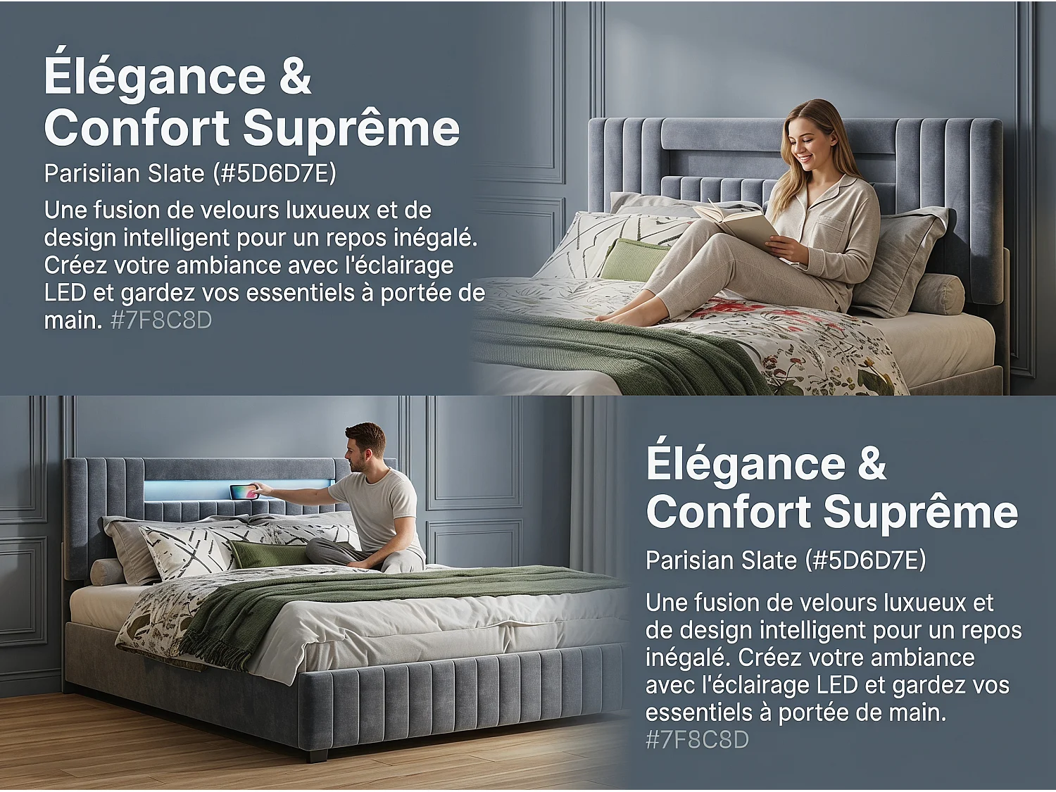 Lit coffre 160x200 cm gris, lit double avec grand rangement sous le lit, sommier à lattes inclus, tête de lit rembourrée avec LED intégrée