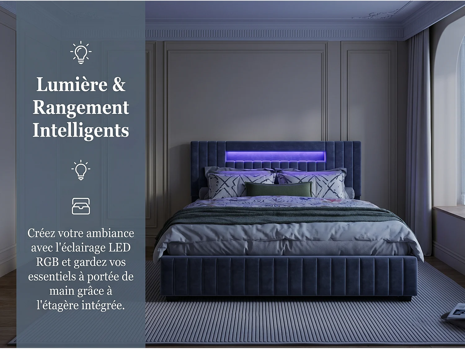 Lit coffre 160x200 cm gris, lit double avec grand rangement sous le lit, sommier à lattes inclus, tête de lit rembourrée avec LED intégrée