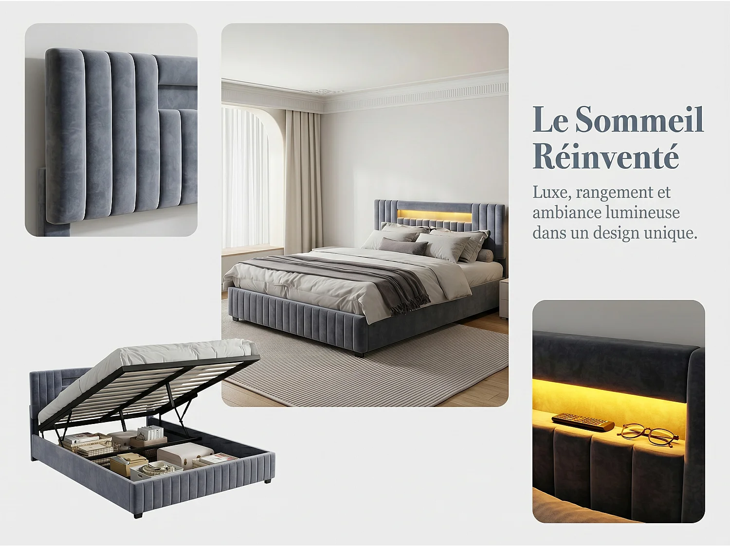Lit coffre 160x200 cm gris, lit double avec grand rangement sous le lit, sommier à lattes inclus, tête de lit rembourrée avec LED intégrée
