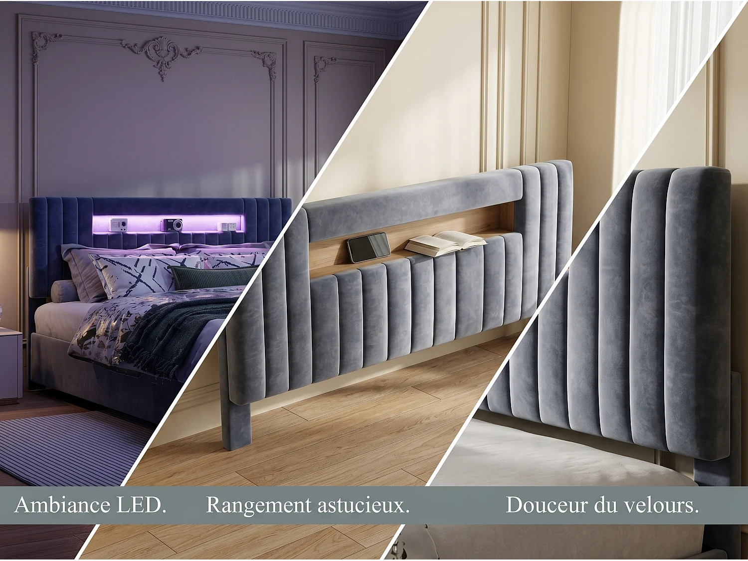 Lit coffre 160x200 cm gris, lit double avec grand rangement sous le lit, sommier à lattes inclus, tête de lit rembourrée avec LED intégrée