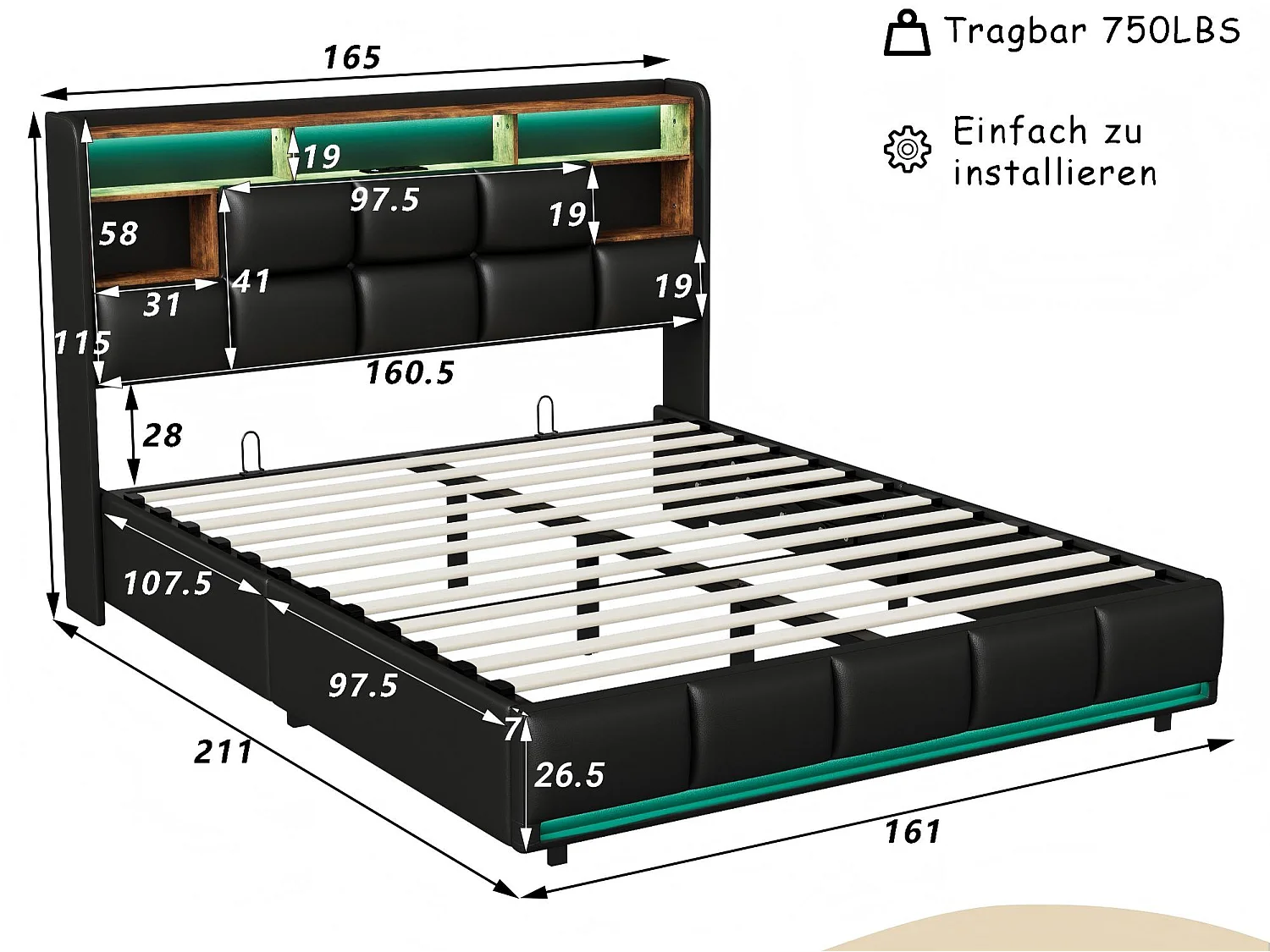 Lit coffre 160x200 cm noir, lit double avec grand espace de rangement, sommier à lattes, tête de lit avec LED intégrée, structure rembourrée