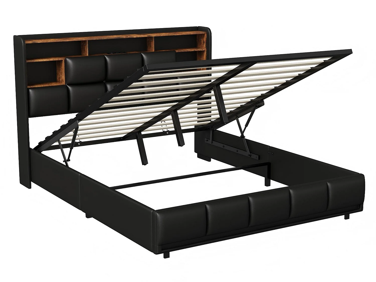 Lit coffre 160x200 cm noir, lit double avec grand espace de rangement, sommier à lattes, tête de lit avec LED intégrée, structure rembourrée