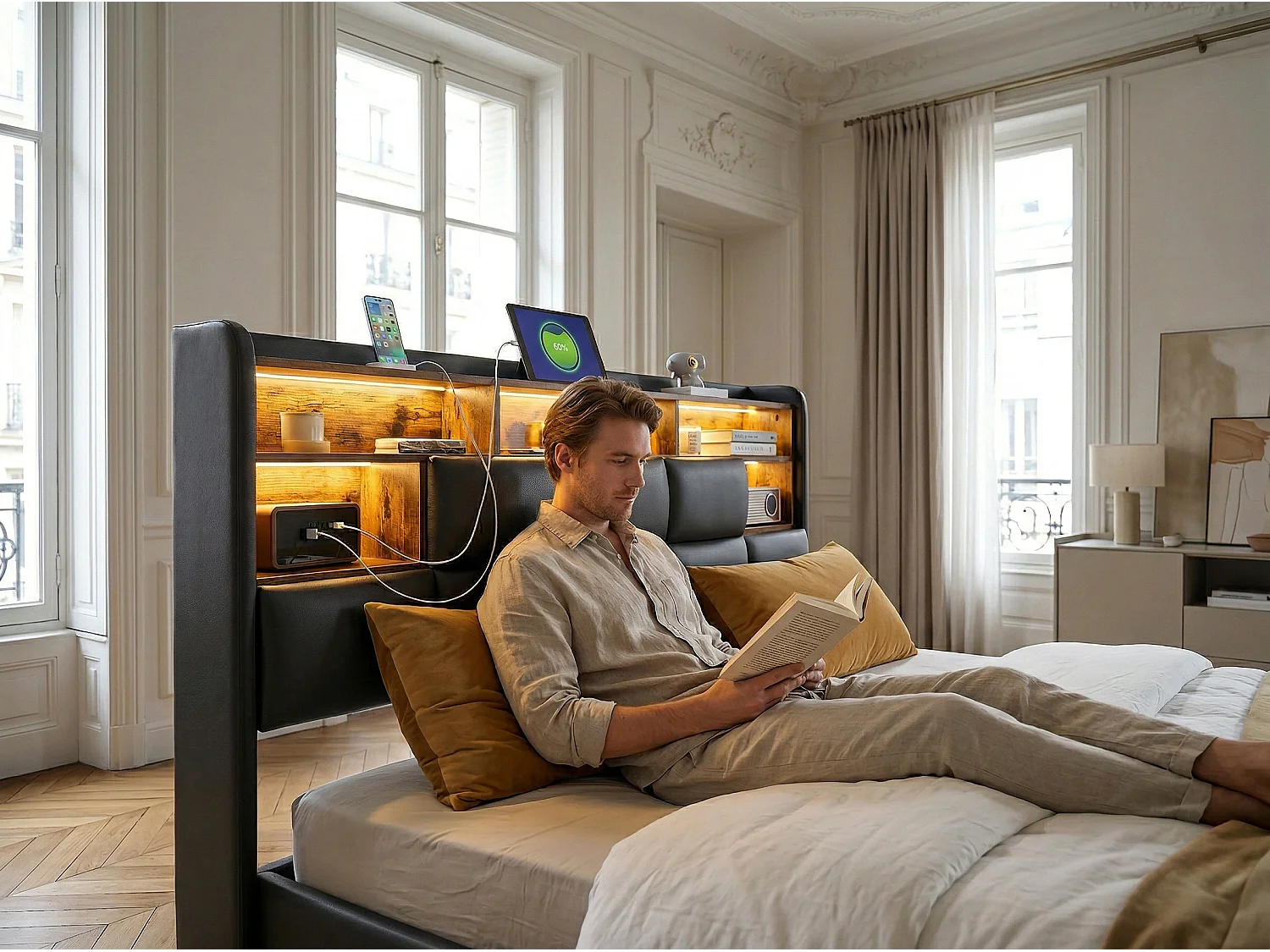 Lit coffre 160x200 cm noir, lit double avec grand espace de rangement, sommier à lattes, tête de lit avec LED intégrée, structure rembourrée